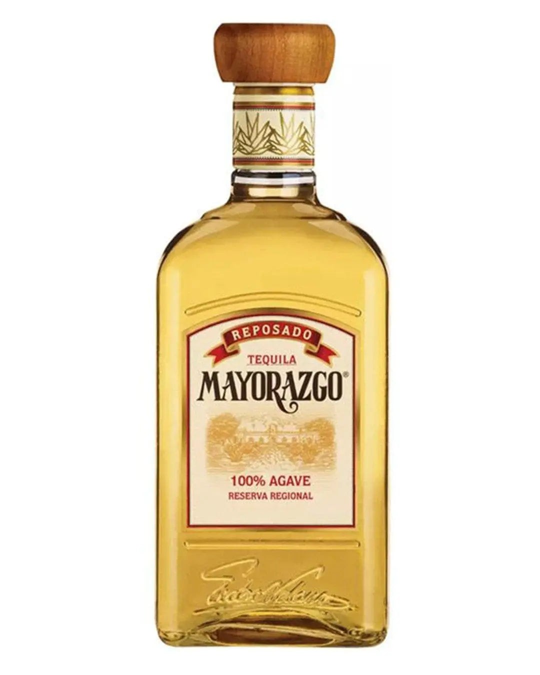 Clear glass bottle of Mayorazgo Reposado Tequila, 75 cl, featuring a wooden cork, golden liquid, and a label with "100% Agave" and decorative elements.