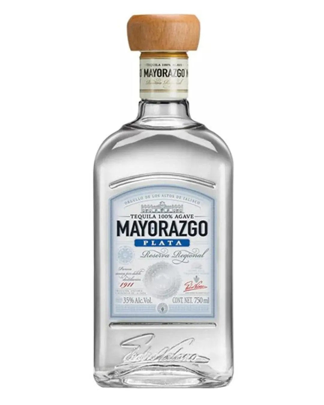 Clear glass bottle of Mayorazgo Silver Tequila with a wooden cork, featuring a blue and white label, and embossed details, containing 750 ml of 100% agave tequila.