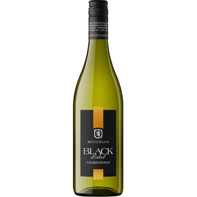 Clear glass bottle of McGuigan Black Label Chardonnay, featuring a sleek green body, black label with gold accents, and a silver cap, holding 75 cl of white wine.