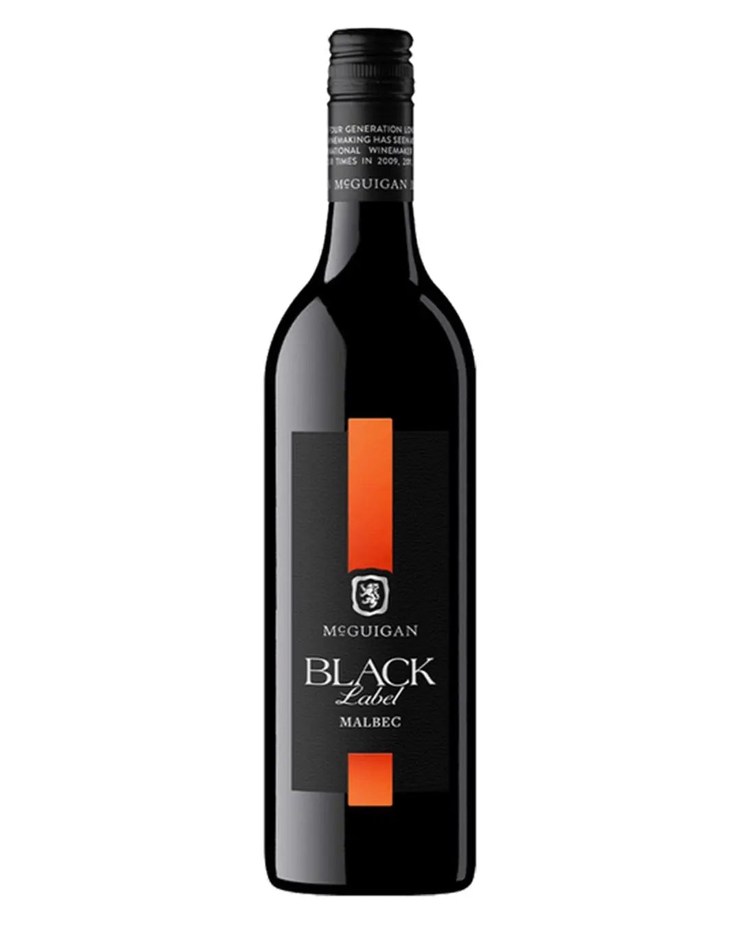 A tall, slender bottle of McGuigan Black Label Malbec, featuring a black label with an orange stripe and silver accents, filled with deep red wine.