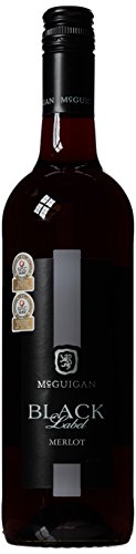 A dark glass bottle of McGuigan Black Label Merlot, 75 Cl, featuring a sleek black label with silver text and awards, topped with a black screw cap.