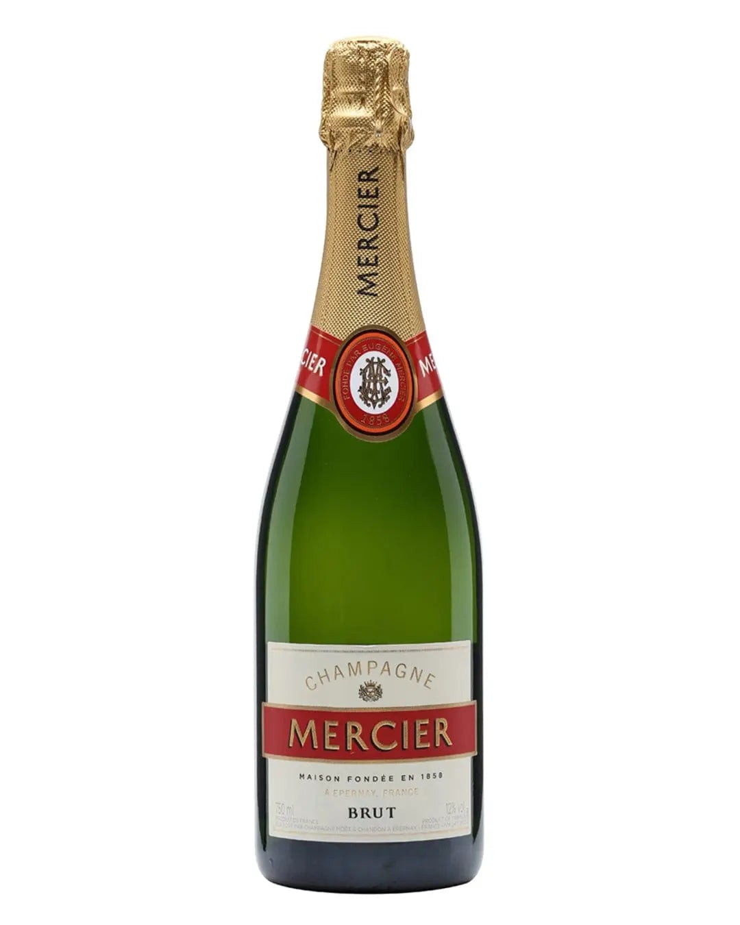 Green glass bottle of Mercier Brut Champagne, 75 cl, featuring a gold foil cap, red and white label with the Mercier logo and text detailing the champagne's characteristics.