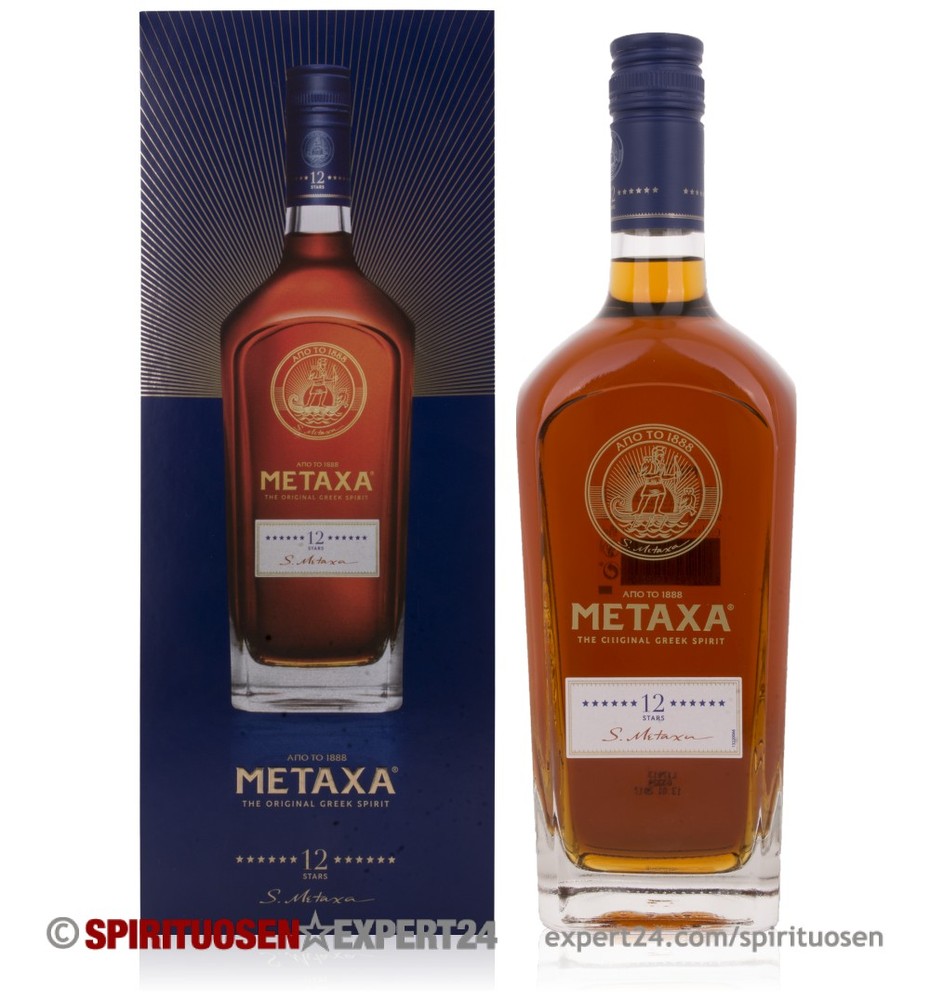 Metaxa 12 Star Brandy in a tall, clear glass bottle with a blue cap, showcasing a rich amber liquid and a gold label featuring the brand name and star emblem.