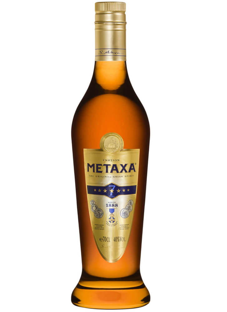 Amber-colored bottle with a distinctive curved shape, featuring a gold label with blue accents, the Metaxa logo, and the text "Amphora 7 Star" prominently displayed.