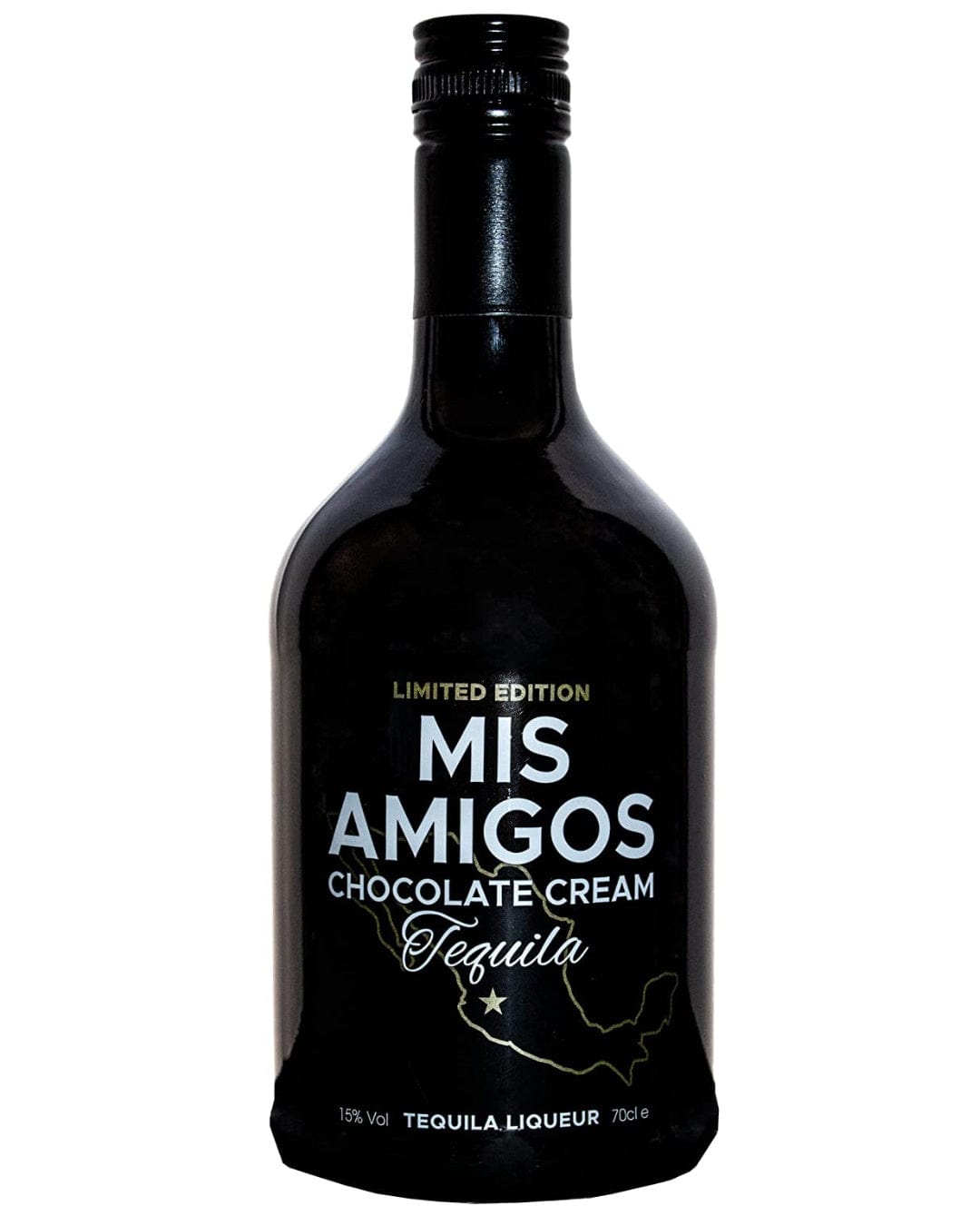 A sleek black bottle of Mis Amigos Chocolate Cream Tequila Liqueur, featuring a white label with "LIMITED EDITION" and "15% Vol" text, showcasing a map outline of Mexico.