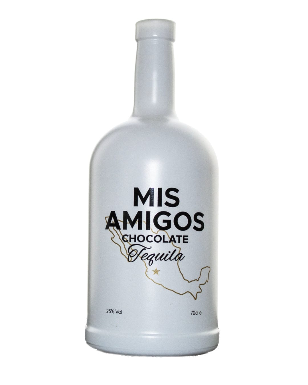 White ceramic bottle with a sleek design, featuring "MIS AMIGOS" in bold black letters, "Chocolate Tequila" below, and a gold outline of Mexico, holding 70 cl of liqueur.