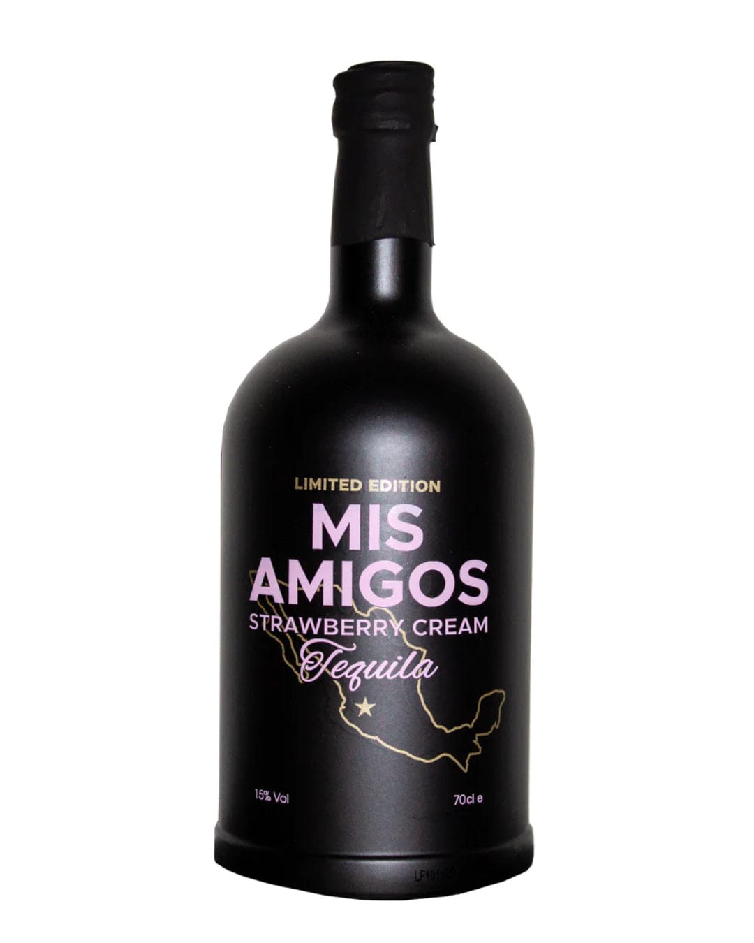 Black bottle with a matte finish, featuring "MIS AMIGOS" in bold pink letters, labeled as "Strawberry Cream Tequila" with a 70 cl capacity and a limited edition mark.
