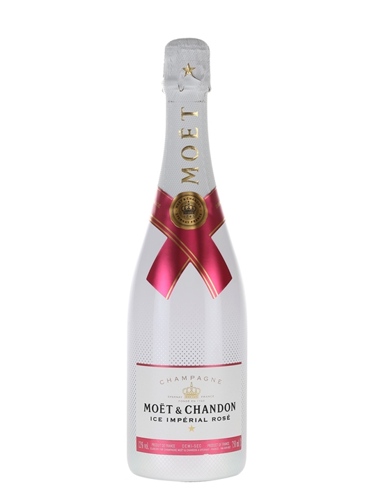 A bottle of Moët & Chandon Ice Impérial Rosé, 75 cl, featuring a sleek white glass body, a pink ribbon label, and a metallic gold and pink logo on the neck.