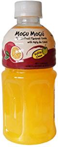 Mogu Mogu Apple Drink in a clear plastic bottle, featuring a yellow liquid, a green cap, and a label with red and yellow accents, highlighting its fruit flavor and packaging details.