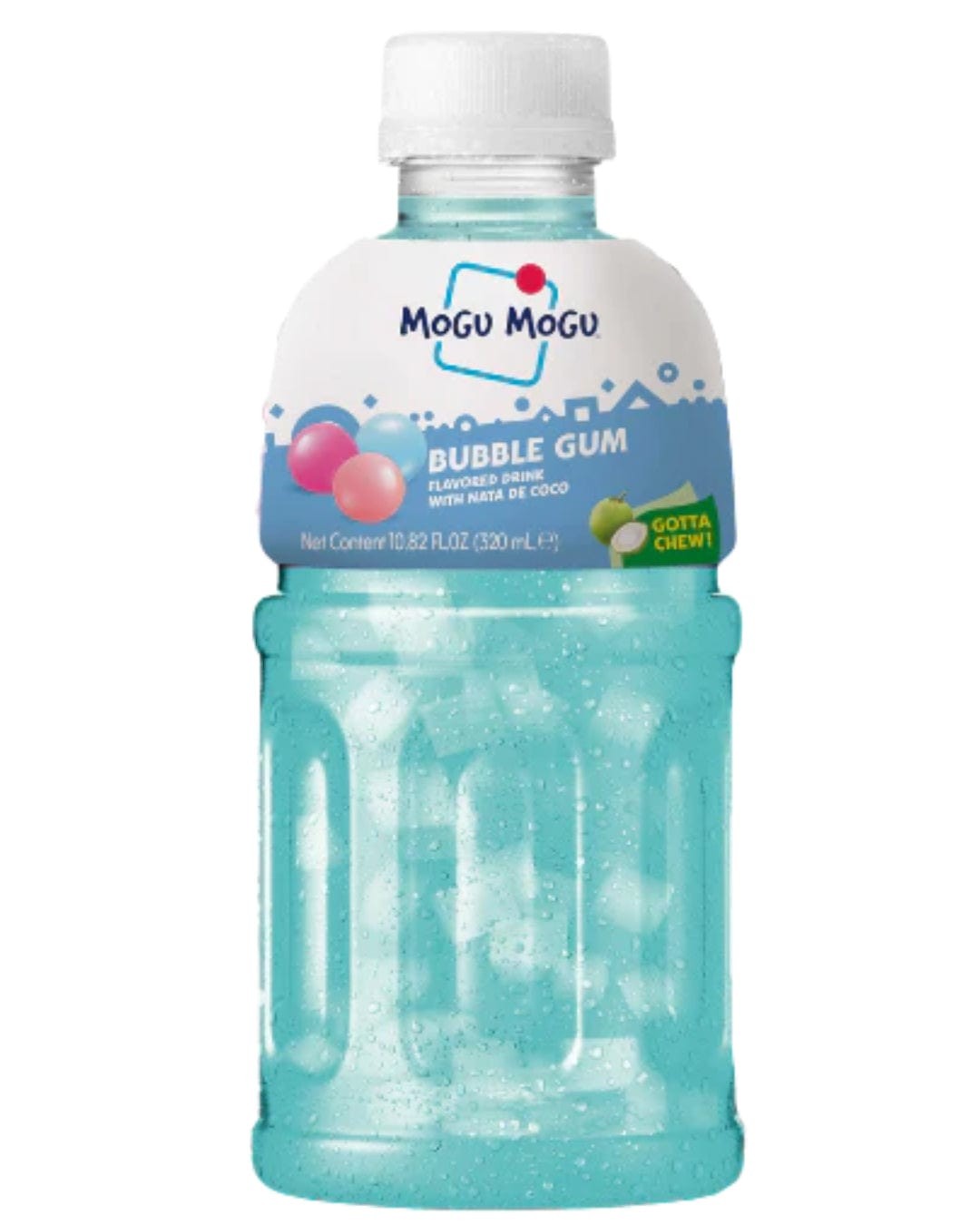 Mogu Mogu Bubble Gum Drink in a clear plastic bottle, featuring a light blue liquid with pink and blue chewy bits, topped with a white cap and colorful label.