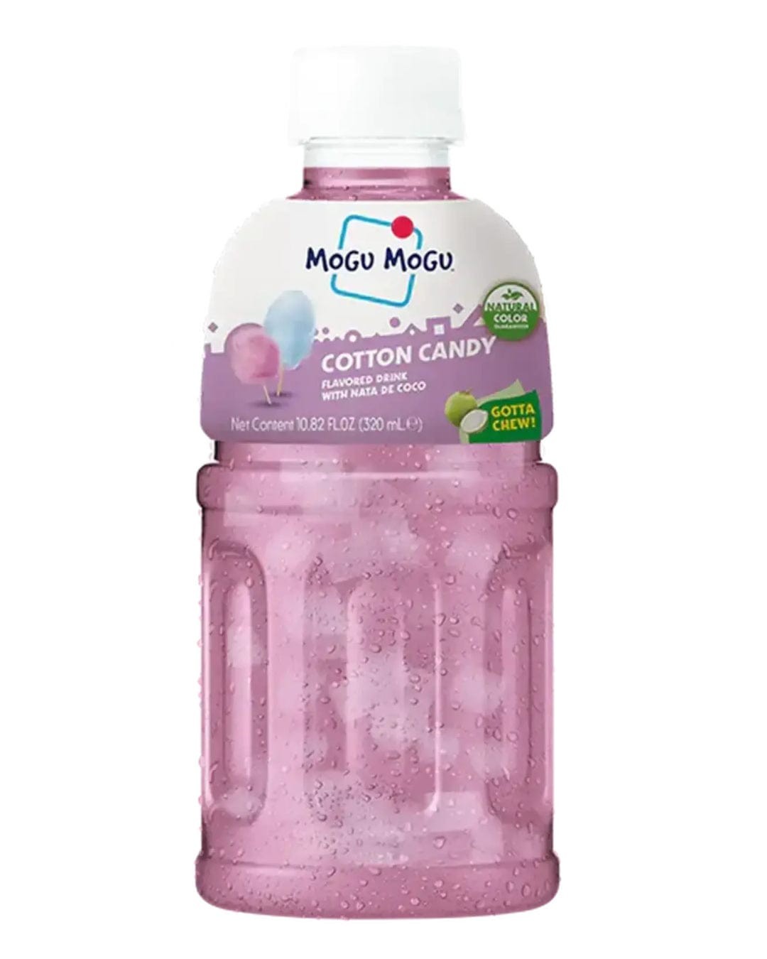 Mogu Mogu Cotton Candy Drink in a clear, pink bottle with a white cap, featuring a colorful label and a playful design, highlighting its coconut flavor and chewy bits.