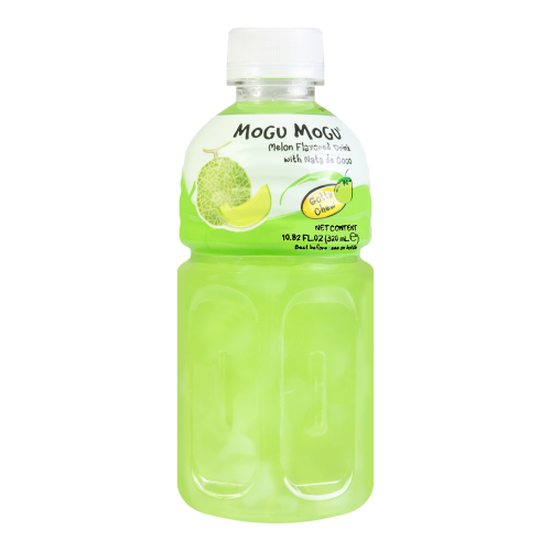 Green plastic bottle of Mogu Mogu Melon Drink, featuring a melon illustration, clear liquid inside, and a white cap, labeled with product details and net content.
