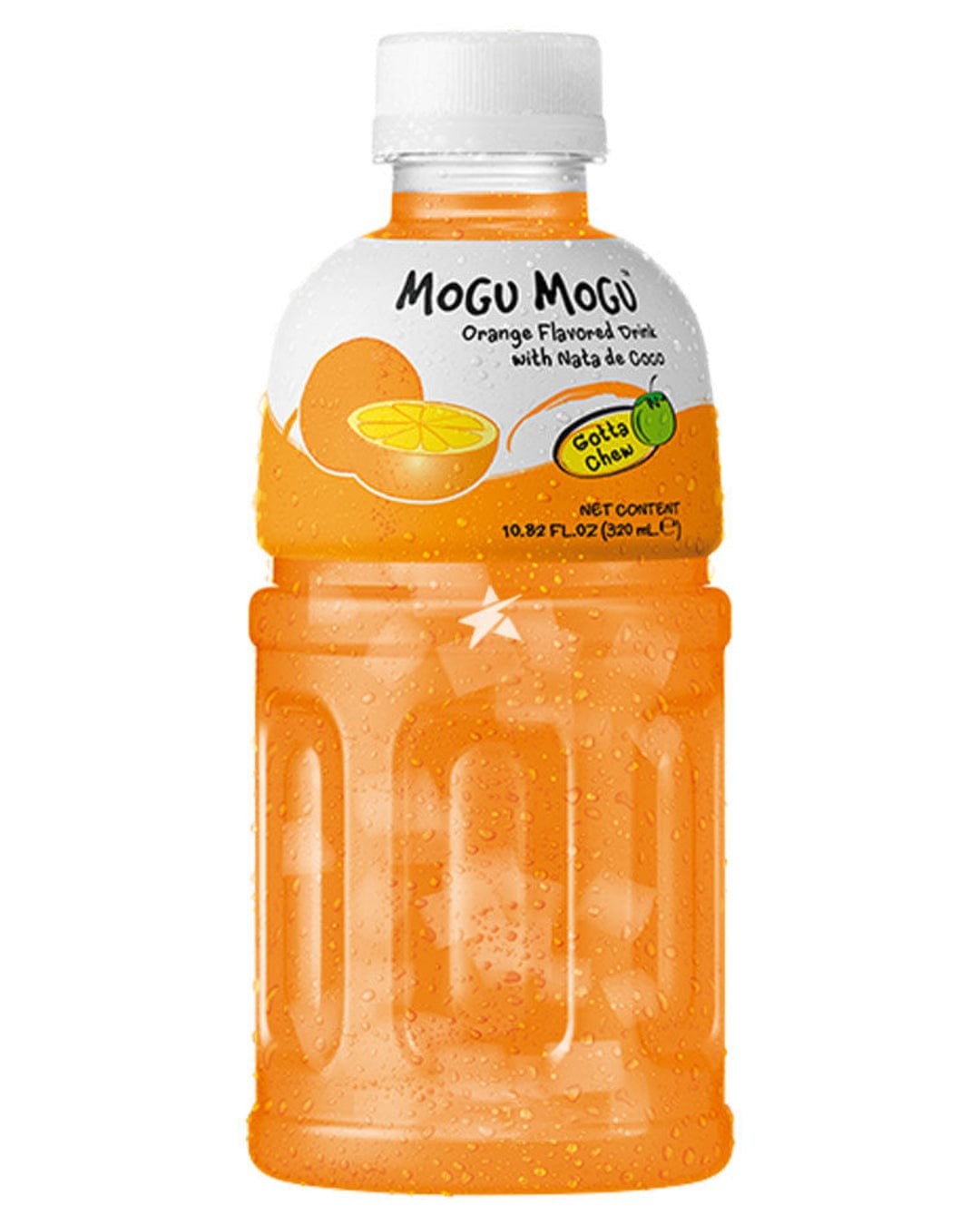 Mogu Mogu Orange Drink in a clear plastic bottle, featuring a vibrant orange beverage, a white cap, and a label with a green logo and fruit illustrations.
