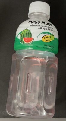 Clear plastic bottle of Mogu Mogu Watermelon Drink featuring a green and white label with a watermelon graphic, containing coconut bits and a twist-off cap.
