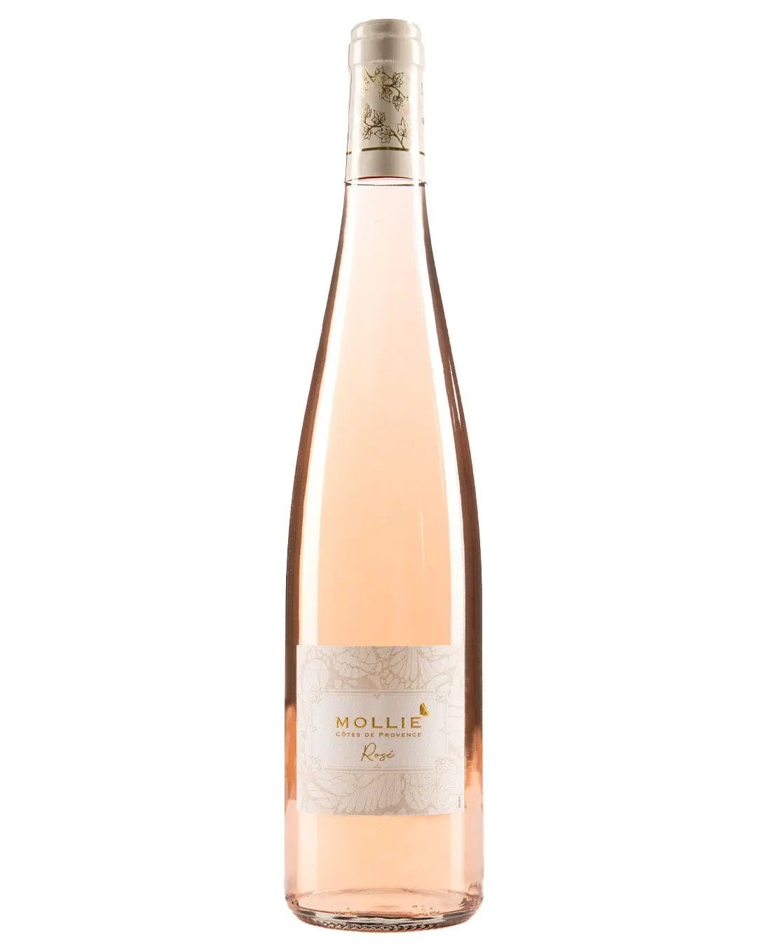Clear glass bottle of Mollie Cotes De Provence Premium Rosé, featuring a light pink liquid, elegant floral label, and a silver screw cap.