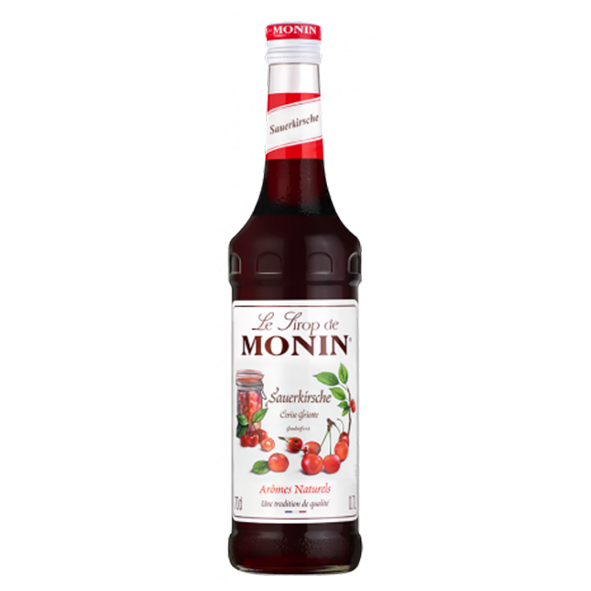Monin Blackforest Syrup in a clear glass bottle, featuring a red and white label with cherries, and a red cap, holding 70 cl of dark red syrup.