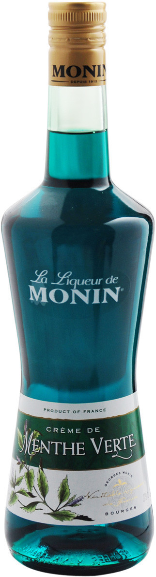 Transparent bottle of Monin Premium Menthe Verte Syrup with a green liquid, gold cap, and a label featuring mint leaves and the text "Crème de Menthe Verte."