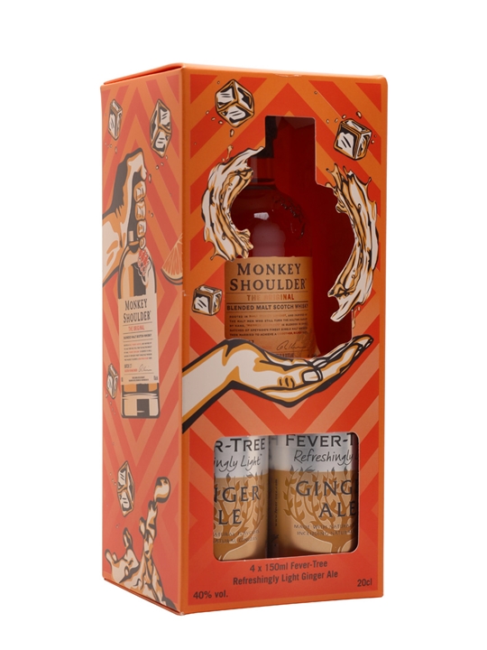 Monkey Shoulder Blended Malt Scotch Whisky gift pack featuring a 20 cl bottle and four 150 ml cans of Fever-Tree Ginger Ale, presented in a vibrant orange box with playful graphics.