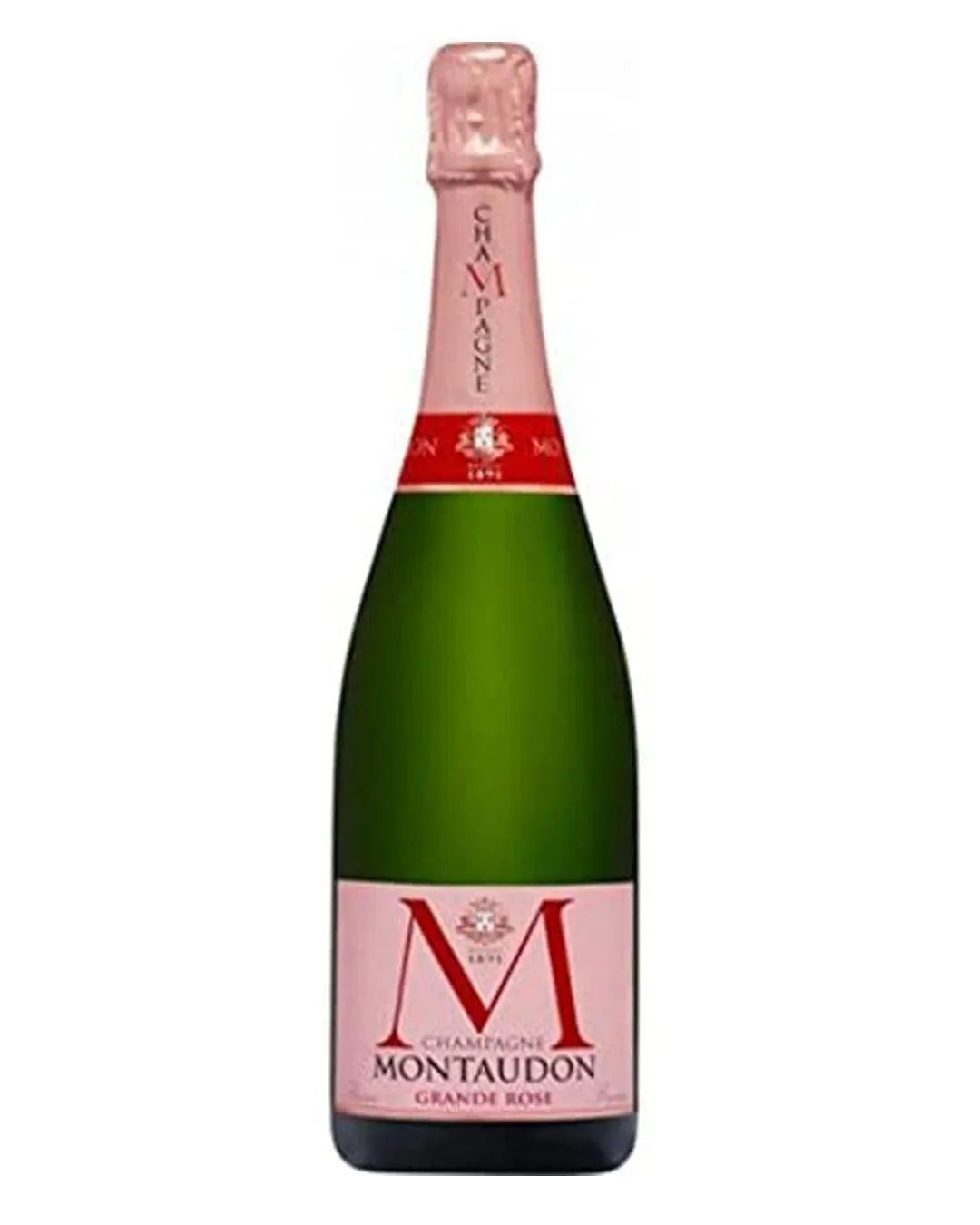 Montaudon Rosé champagne bottle, 75 cl, featuring a green glass body, pink label with a prominent "M" logo, and a light pink foil cap.