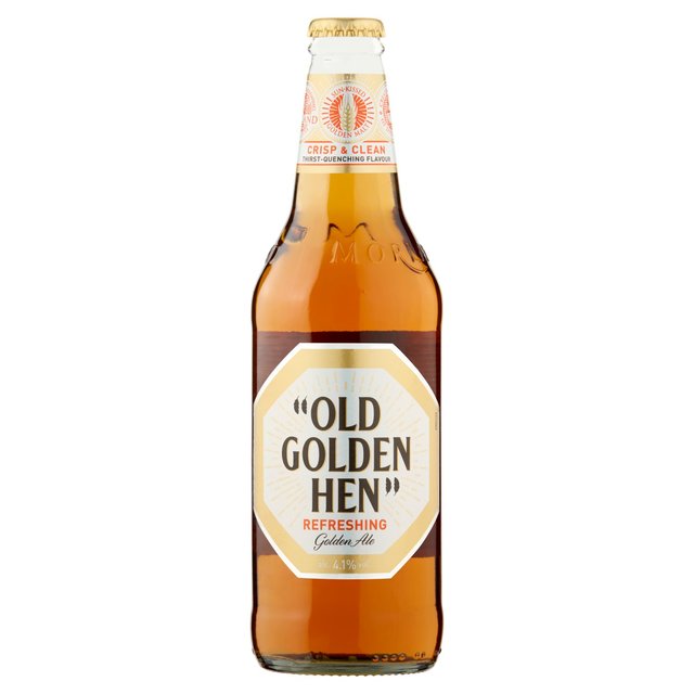 Eight bottles of Morland Old Golden Hen Beer, each 500 ml, featuring a golden amber color, clear glass, and a distinctive label with an octagonal design and the text "OLD GOLDEN HEN."