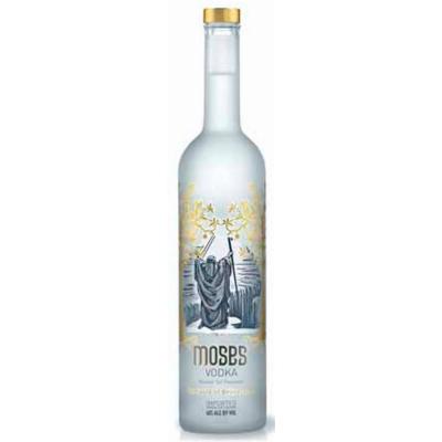Clear glass bottle of Moses Kosher Vodka, 75 Cl, featuring an elegant design with a gold cap and a detailed illustration of Moses holding two tablets against a frosted background.