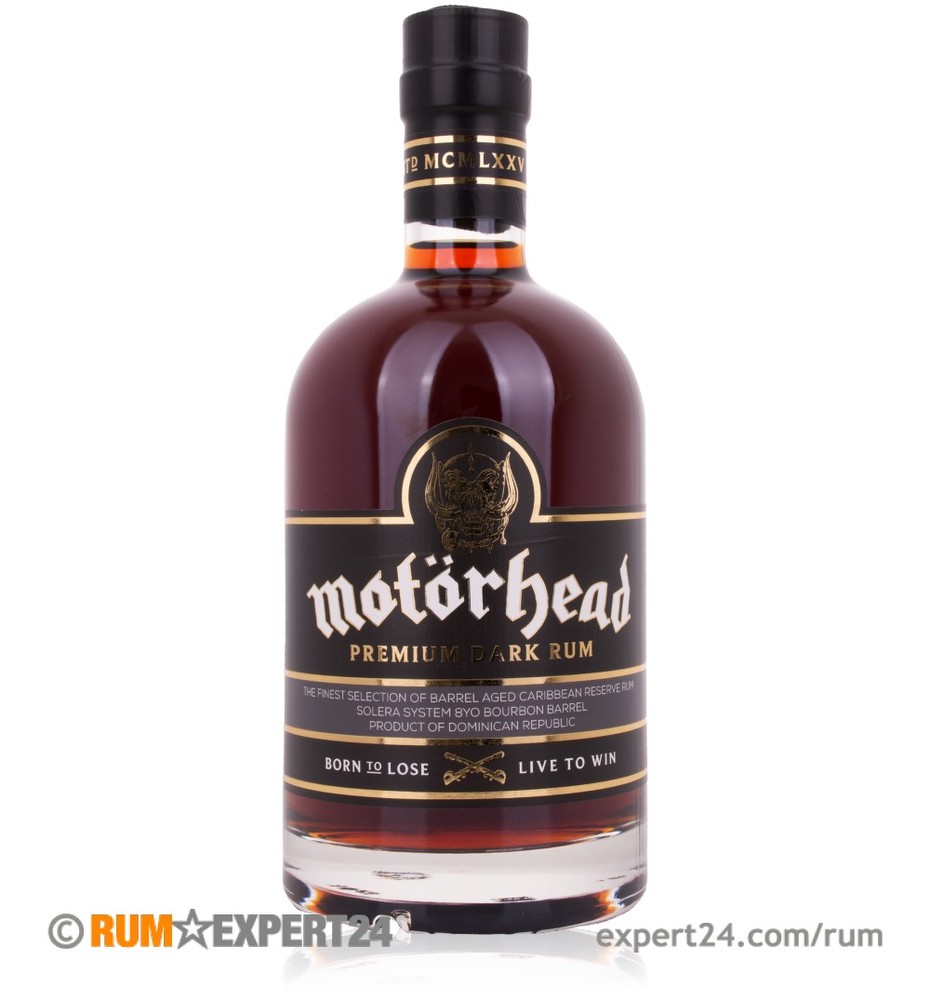 Premium dark rum bottle with a black label featuring the motörhead logo, a cork stopper, and a rich amber liquid, showcasing "Born to Lose, Live to Win" tagline.