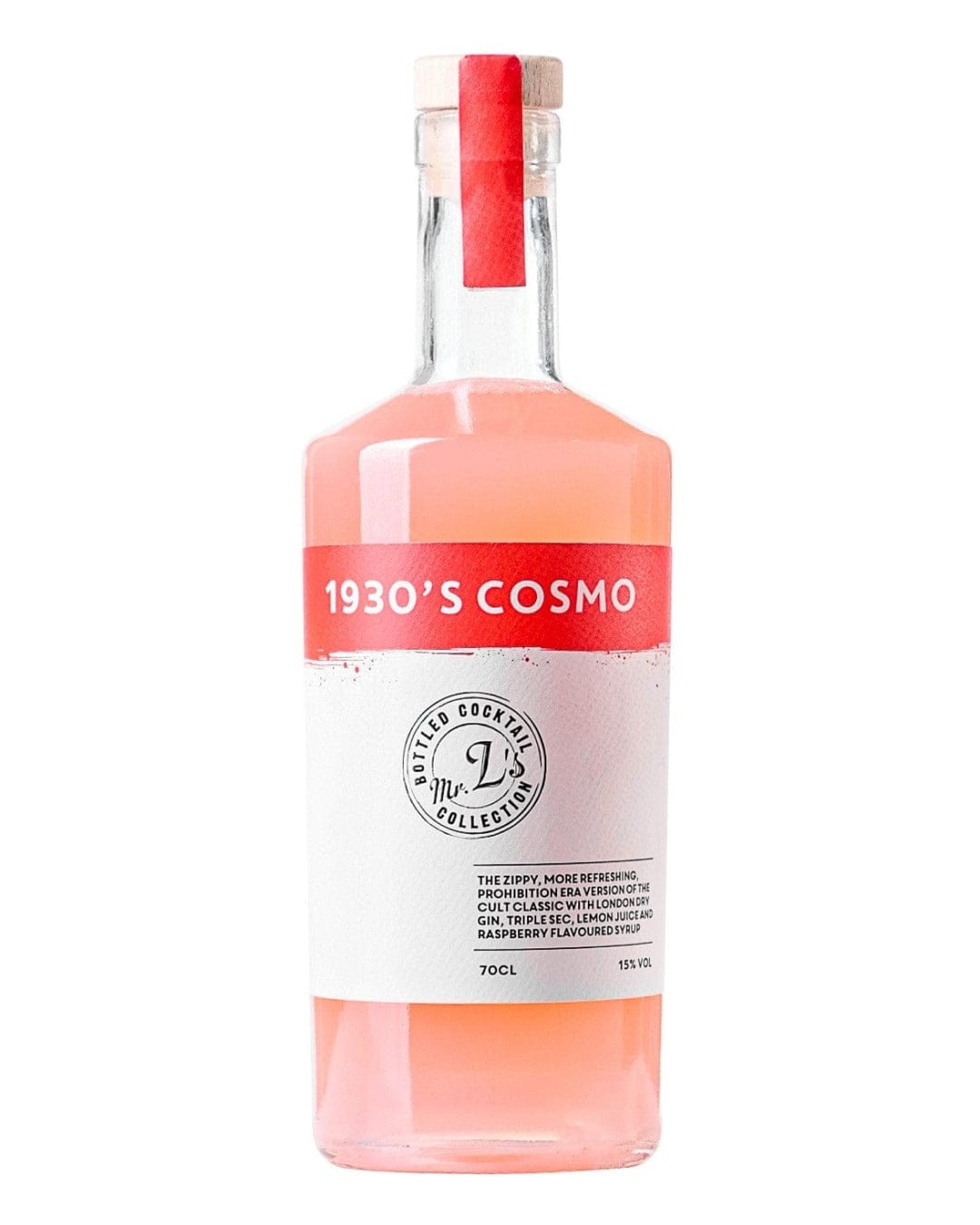 Clear glass bottle containing a pink cocktail, labeled "1930's Cosmo," with a white and red label, and a red cap, showcasing a modern yet vintage design.