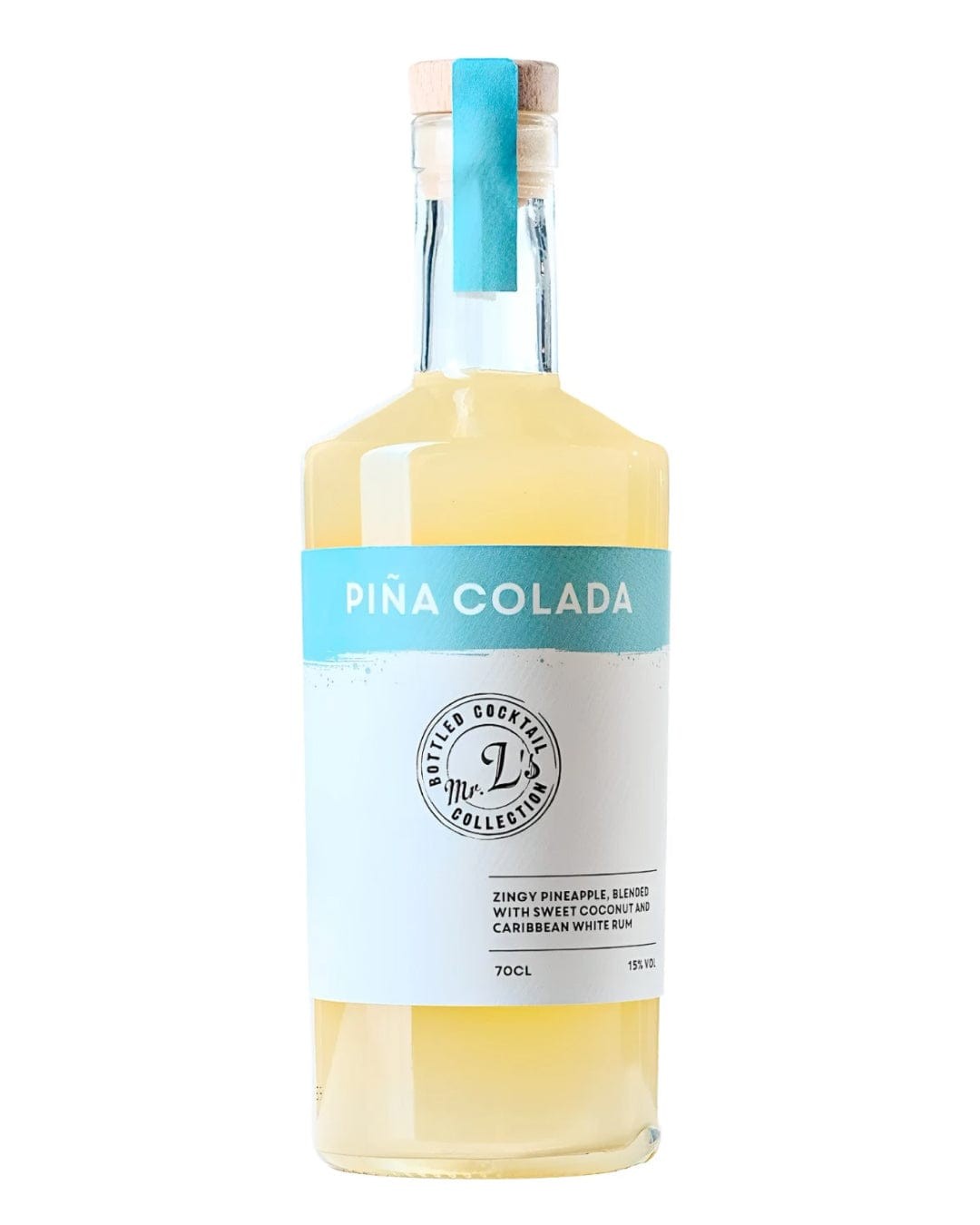 Tall glass bottle with a light yellow cocktail, labeled "PINA COLADA" in white and blue, featuring a turquoise cap and a sleek, modern design.