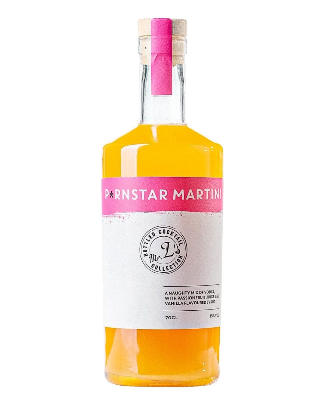 Clear glass bottle with a pink cap, filled with bright yellow cocktail labeled "Pornstar Martini," featuring a white label with black text and a volume of 70 Cl.