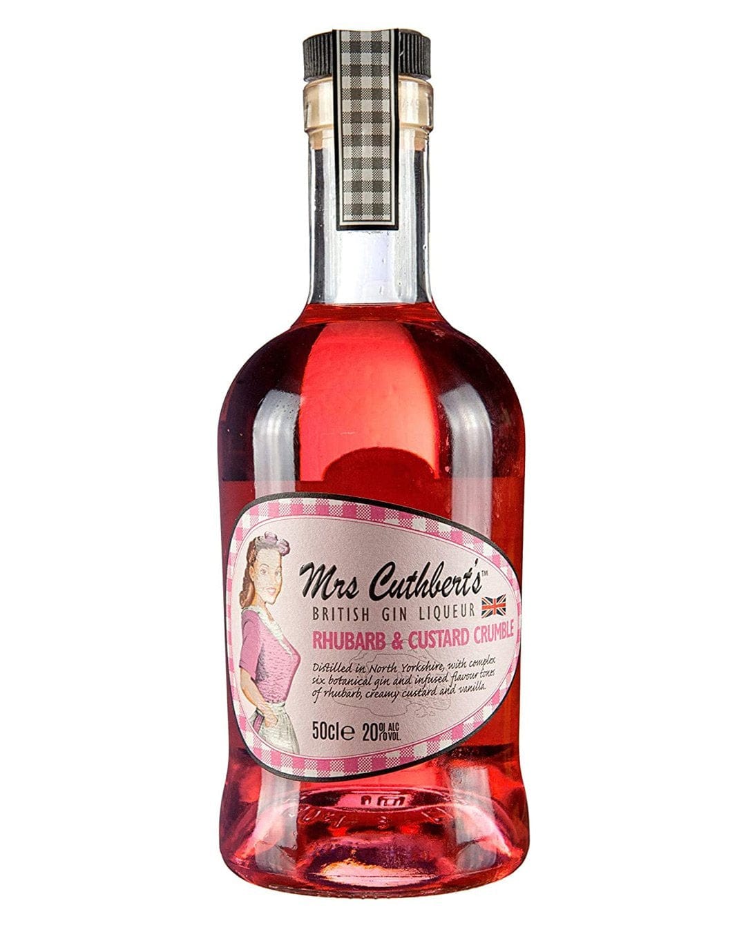 Mrs Cuthbert’s Black Forest Gateau Gin Liqueur in a clear glass bottle, featuring a pinkish-red liquid, a decorative label, and a checkered silver and black cap.