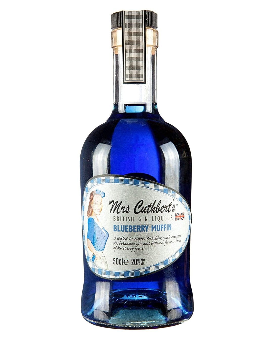 Mrs Cuthbert’s Blueberry Muffin Gin Liqueur in a blue glass bottle, featuring a vintage label with a woman and a checkered cap, 50 cl, 20% alcohol by volume.