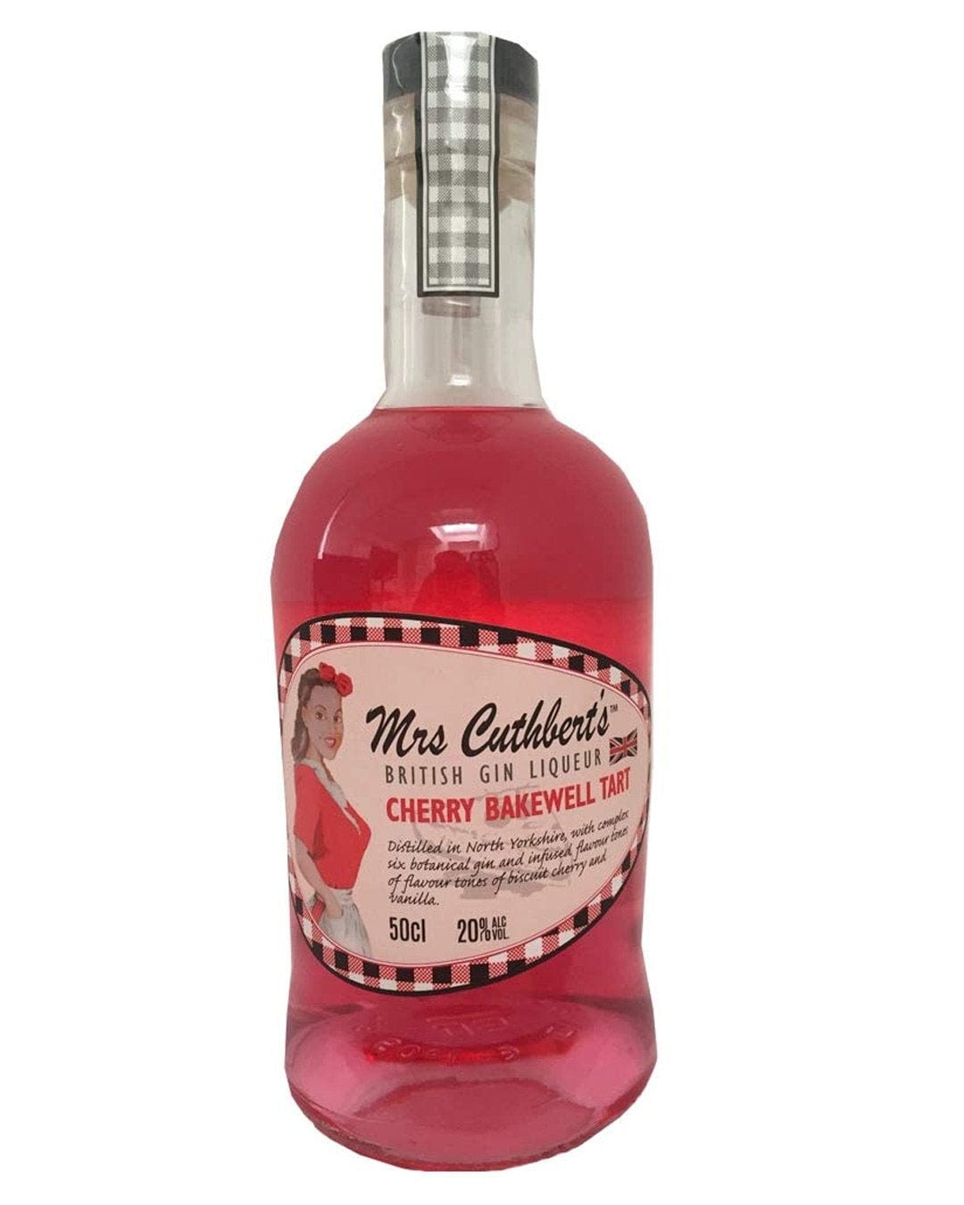 Mrs Cuthbert’s Cherry Bakewell Gin Liqueur in a clear glass bottle, featuring a vibrant pink liquid, a decorative label with a vintage woman, and a silver checkered cap.