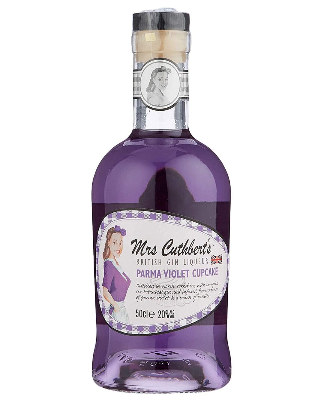 Mrs Cuthbert’s Parma Violet Cupcake Gin Liqueur in a clear glass bottle with a purple hue, featuring a vintage-style label and a cork stopper, holds 50 cl of liqueur.