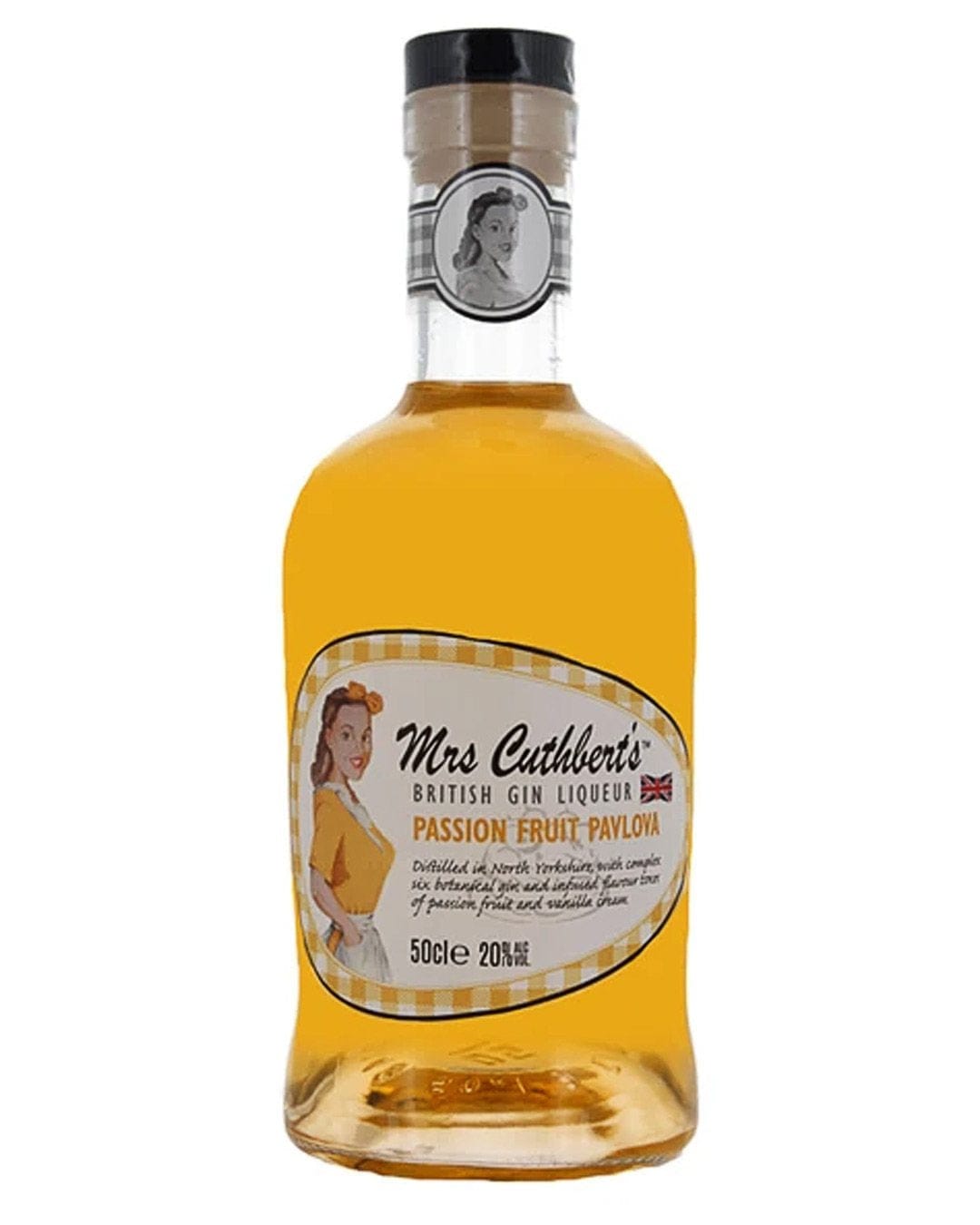 Clear glass bottle with a cork stopper, filled with golden-yellow Passion Fruit Pavlova Gin Liqueur, featuring a vintage label with a woman’s illustration and striped background.