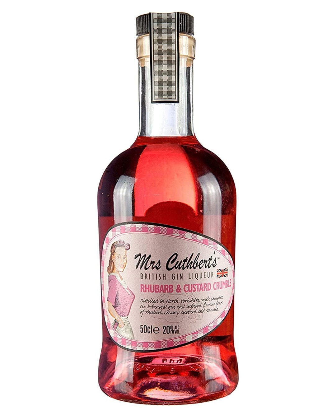 Mrs Cuthbert's Rhubarb & Custard Crumble Gin Liqueur in a clear glass bottle, featuring a pink liquid, a decorative label with a vintage design, and a checkered silver and black cap.