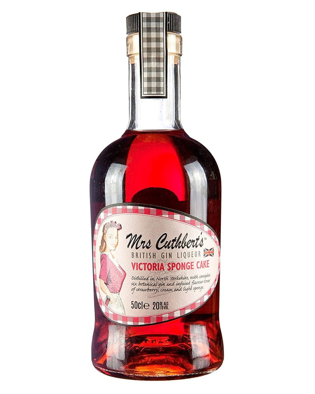 Clear glass bottle filled with pink gin liqueur, featuring a vintage label with a woman in a red dress, and a checkered cap; 50 cl, 20% ABV.