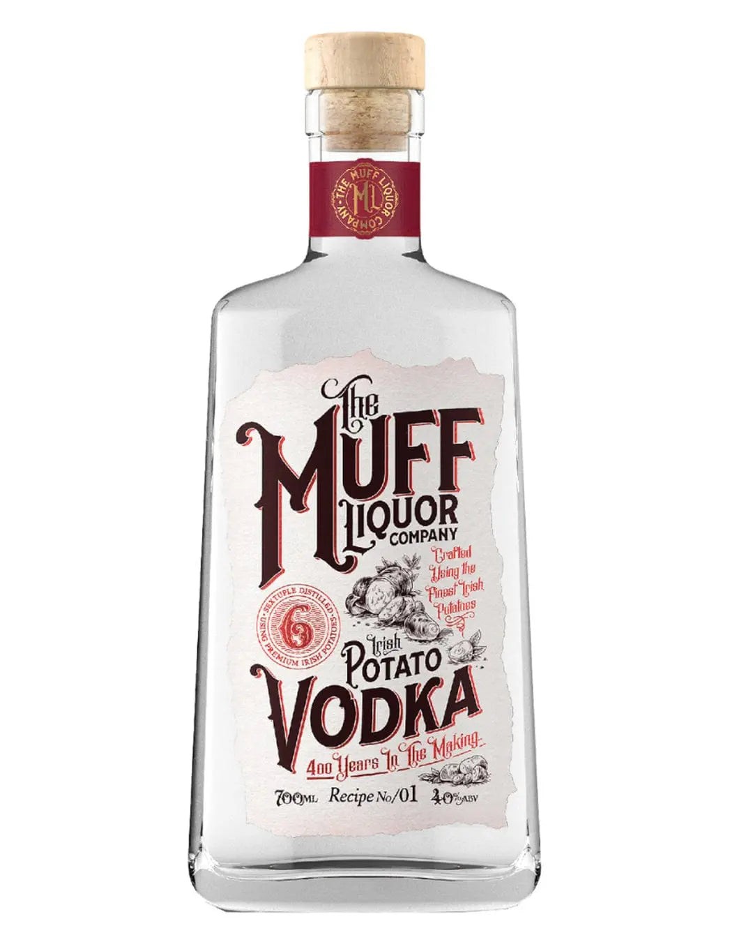Clear glass bottle of MUFF Liquor Potato Vodka with a cork stopper, featuring a decorative label in red and silver, stating "Irish Potato Vodka" and "70 Cl."
