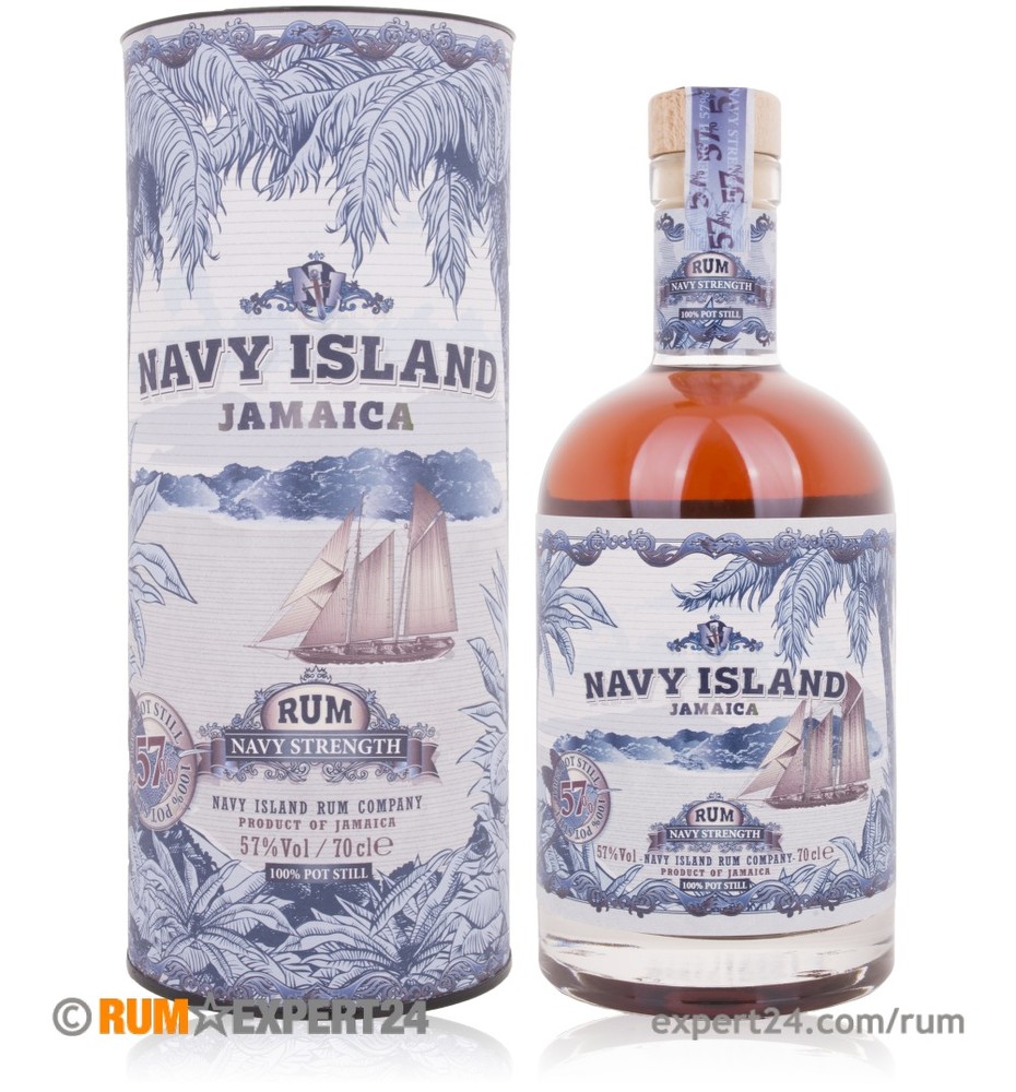 Navy Island Navy Strength Jamaican Rum bottle with a brown glass body, white label featuring a ship and palm leaves, and a cylindrical decorative box in matching design.