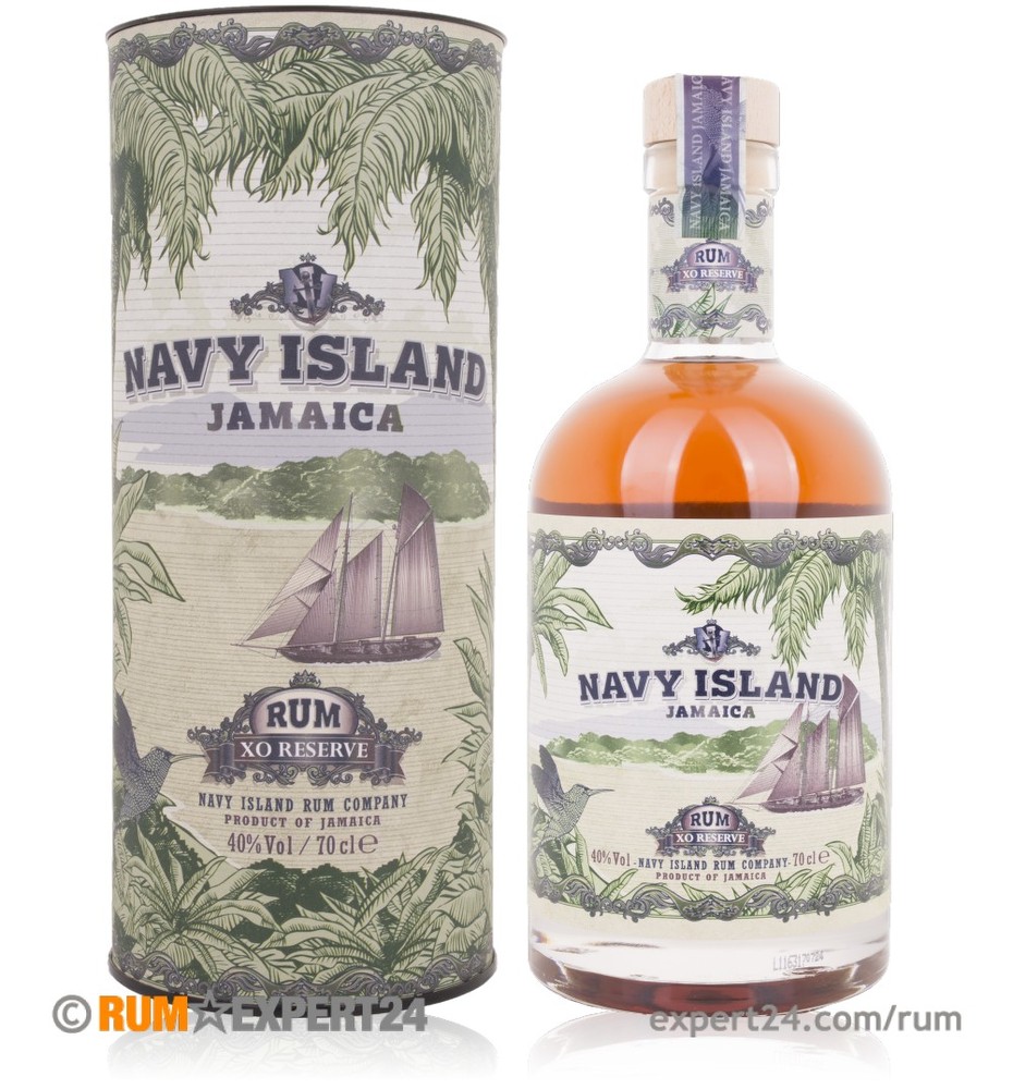 Navy Island XO Reserve Jamaican Rum in a clear glass bottle with a cork stopper, featuring a label with tropical foliage and a sailing ship, packaged in a decorative cylindrical box.
