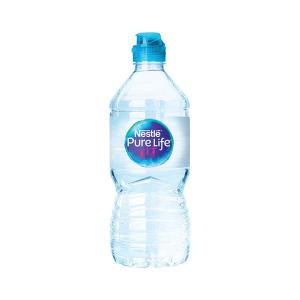 Clear plastic bottle of Nestle Pure Life water with a blue sport cap, featuring a prominent label with the brand name and logo, sold in a pack of 15, each bottle 75cl.