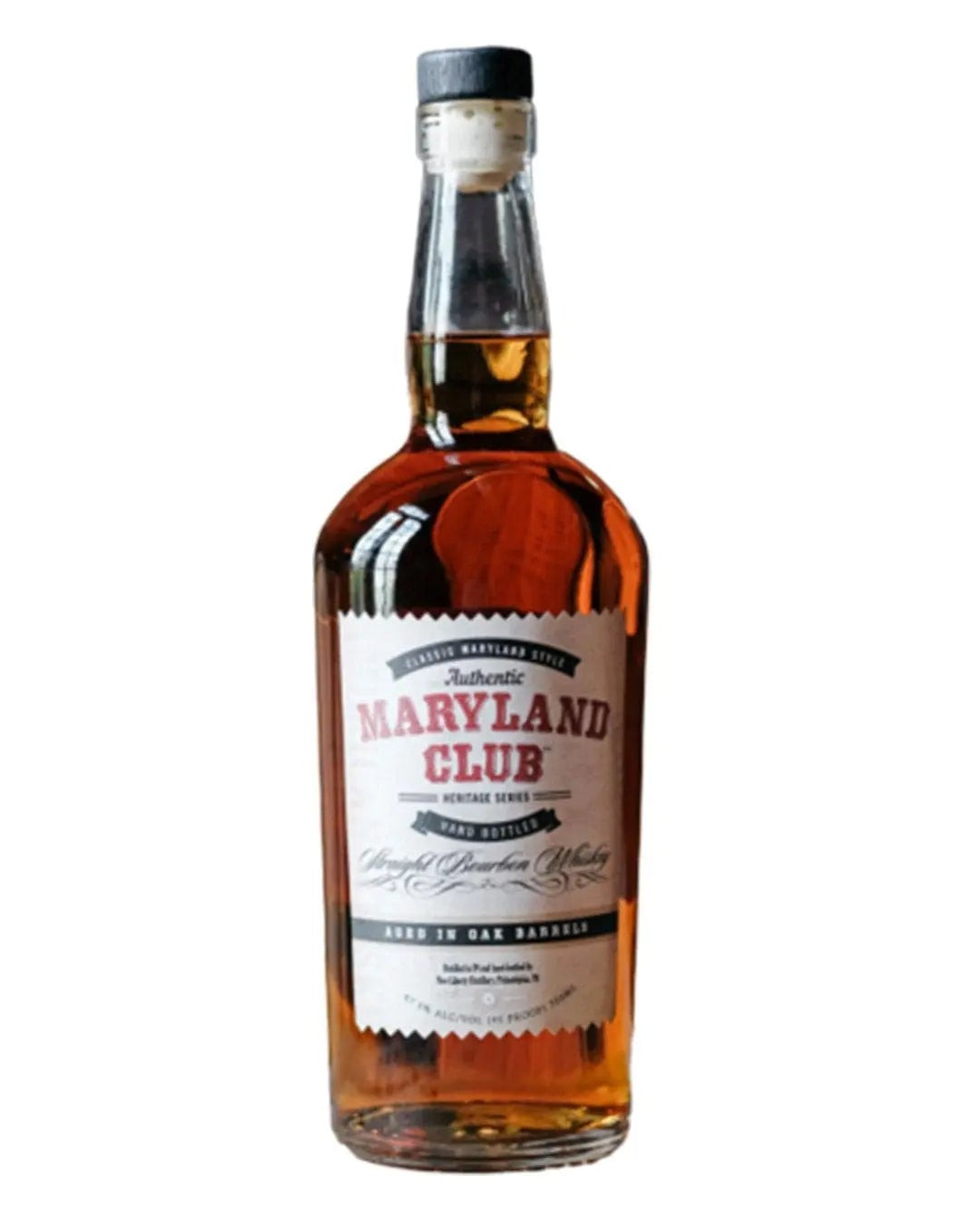 Amber-colored bourbon whiskey in a clear glass bottle with a cork stopper, featuring a label that reads "Authentic MARYLAND CLUB" in bold red and black text.