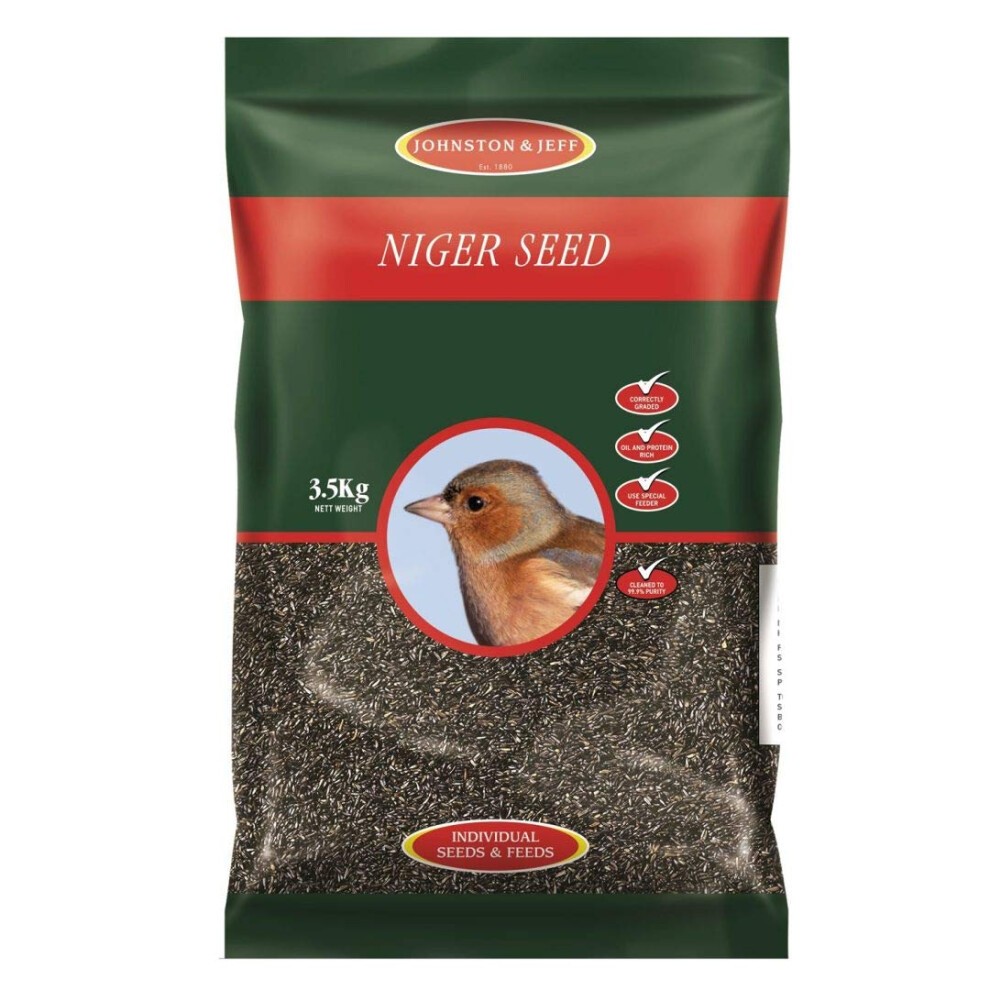 Green and red packaging for Johnston & Jeff's Niger Seed, featuring a 3.5kg weight, with a close-up image of a bird on the front and various quality badges.