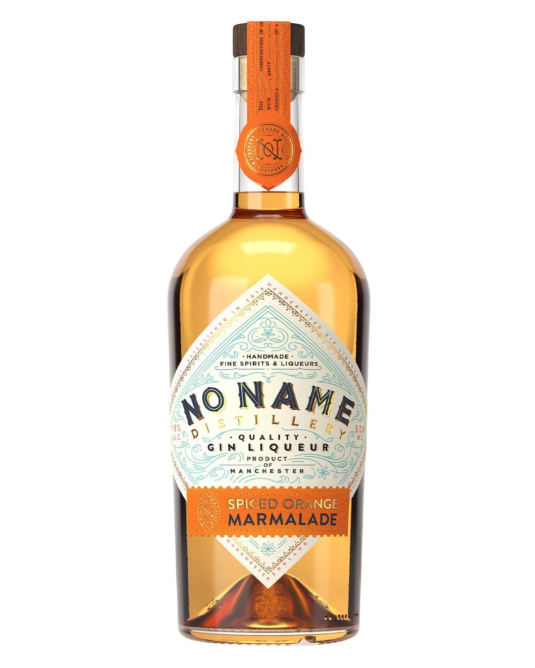 Amber-colored glass bottle with a decorative label featuring "No Name Distillery," "Spiced Orange Marmalade," and an orange neck tag, showcasing a vintage design.