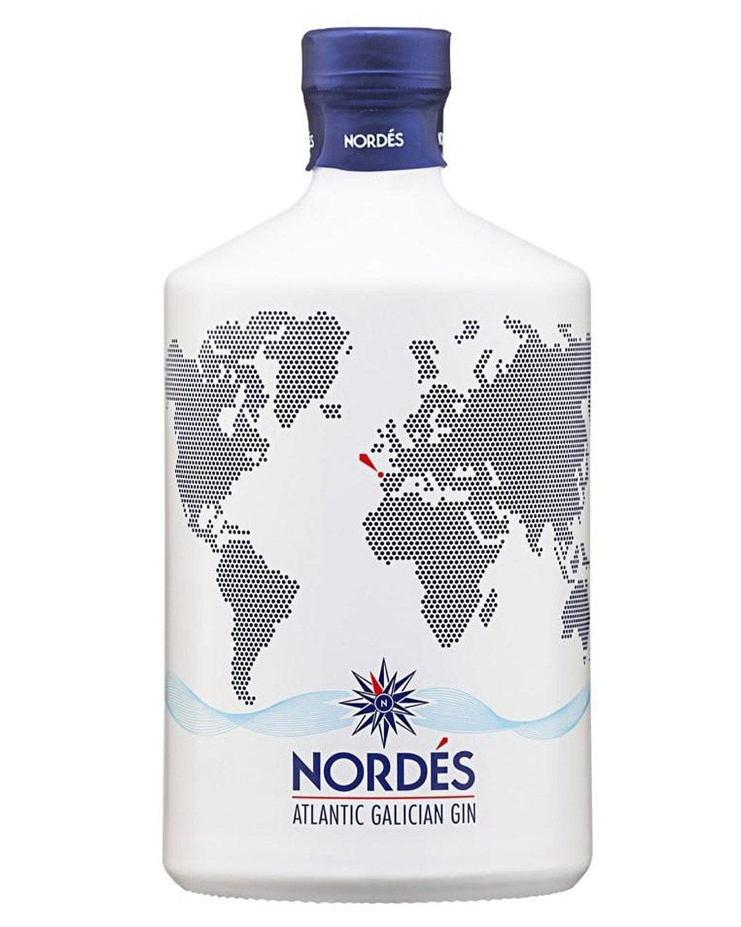 Nordés Atlantic Galician Gin in a white ceramic bottle featuring a blue cap, with a world map design and the brand name "NORDÉS" in bold blue letters at the bottom.