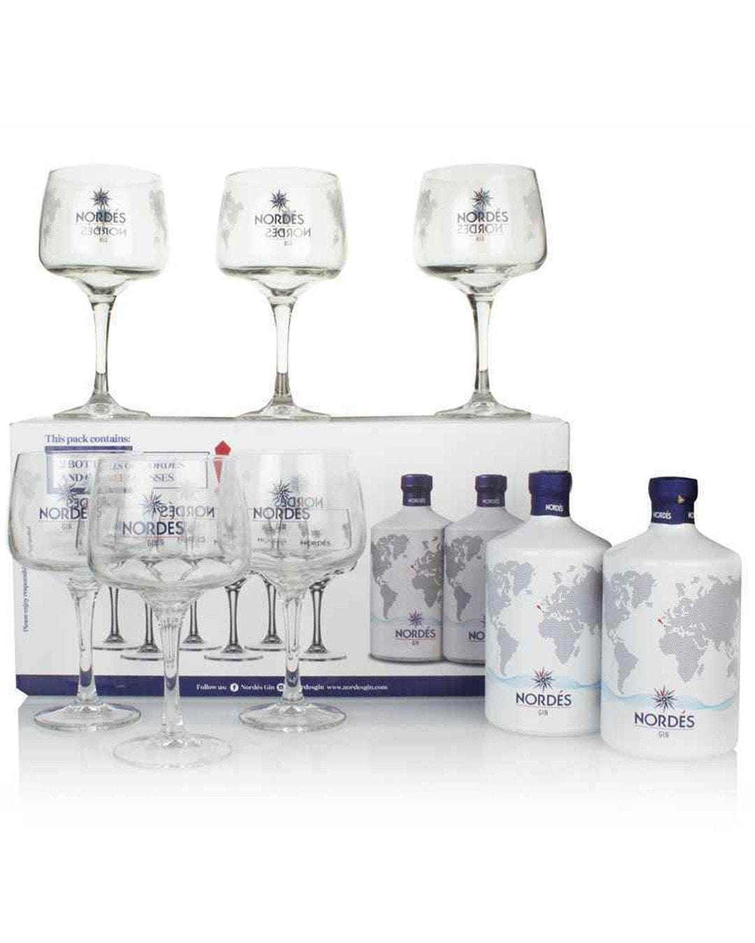 Nordés Atlantic Galician Gin Gift Pack featuring a white ceramic bottle with a world map design, accompanied by two elegant stemmed glasses.