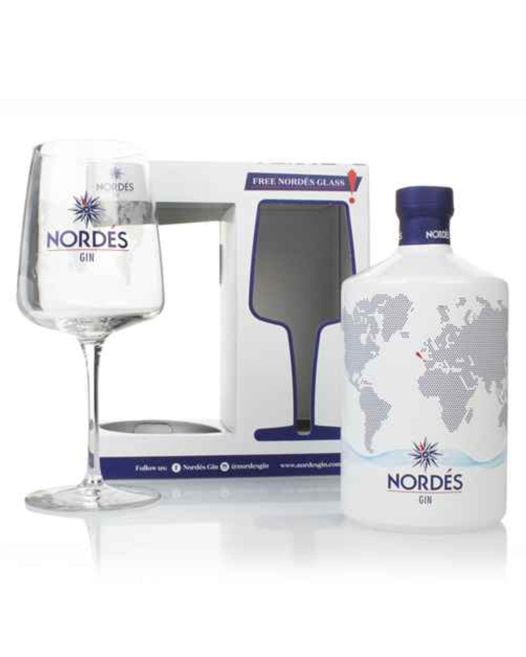 Nordes Atlantic Galician Gin Highball Gift Pack features a white bottle with a world map design, accompanied by a large, elegant glass with the Nordes logo.