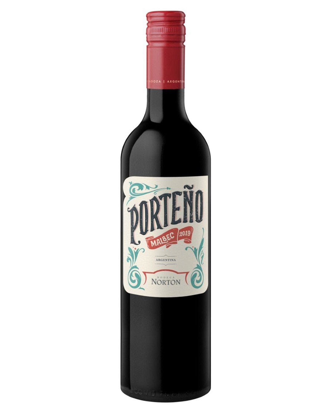 A dark red wine bottle with a vintage-style label featuring the word "Porteño" in bold, decorative font, and "Malbec 2019" below, topped with a red screw cap.