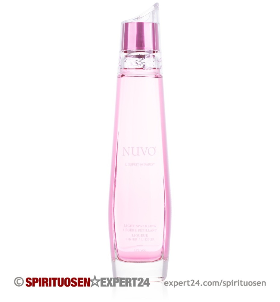 Clear bottle with a sleek, tall design, featuring a pink liquid and a pink cap, labeled "NUVO" in elegant white font, indicating it's a sparkling vodka liqueur.