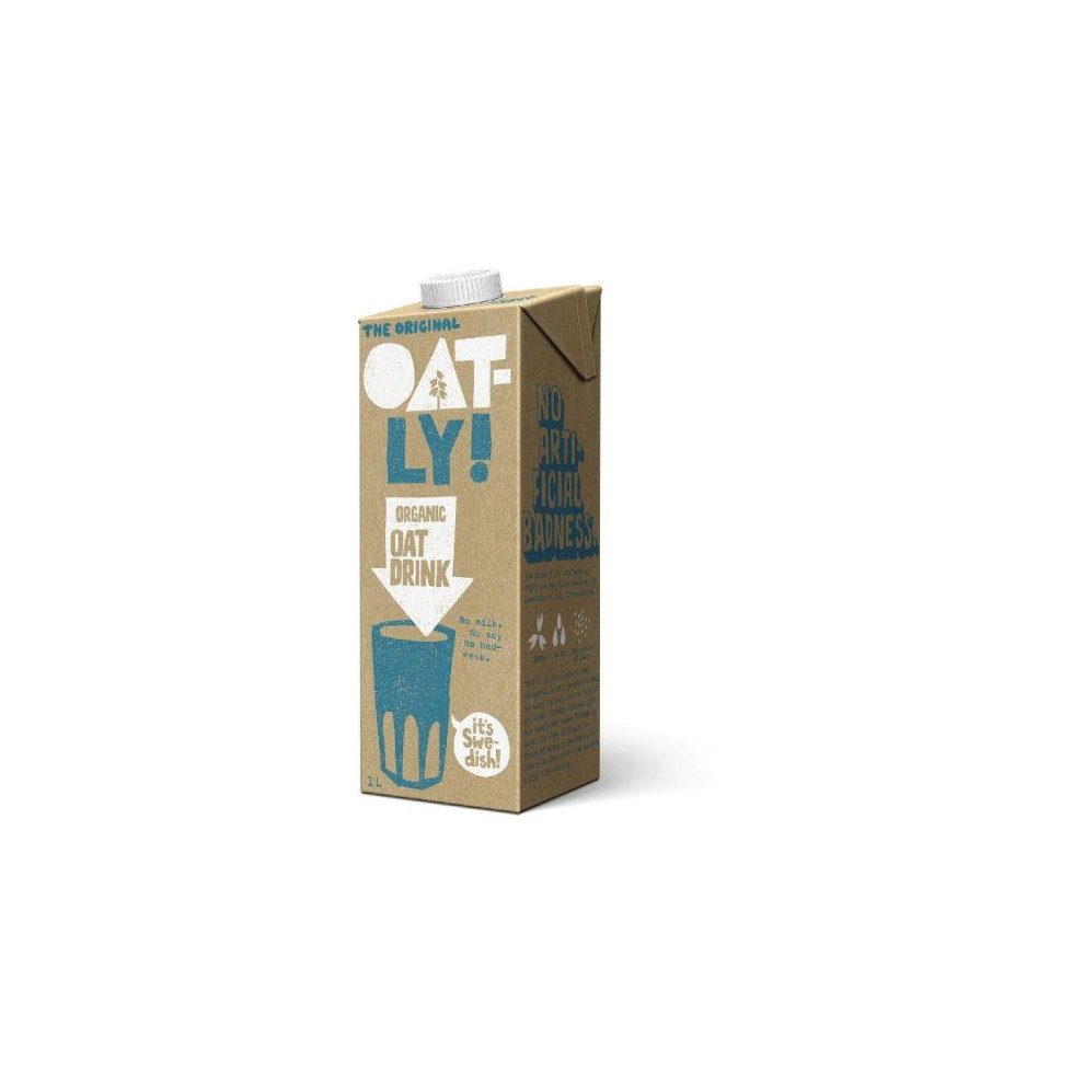 Oatly Organic Oat Drink multipack featuring six 1-liter cartons, with a beige carton design and blue text, highlighting its organic nature and eco-friendly message.