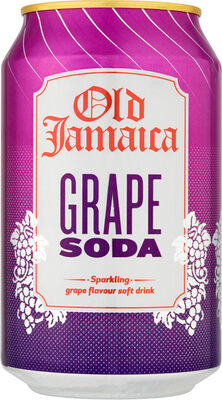 Purple can featuring "Old Jamaica" logo, "Grape Soda" in bold letters, with grape illustrations and a sparkling drink label, part of a 24-pack of 330 ml cans.
